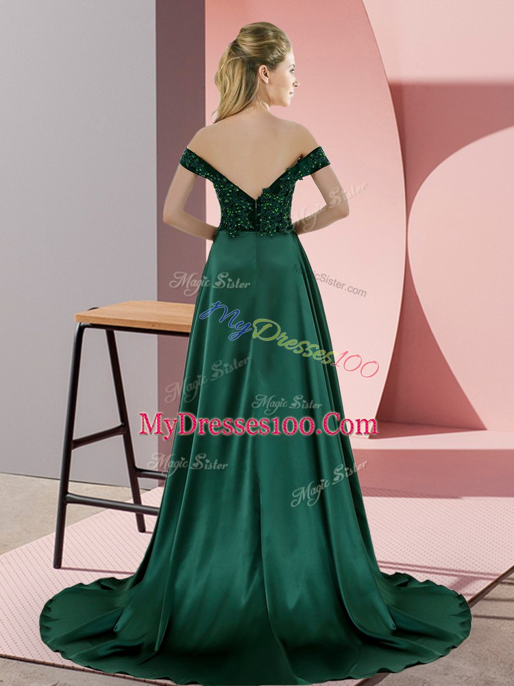 Shining Sweep Train Empire Prom Gown Purple Off The Shoulder Elastic Woven Satin Sleeveless Backless
