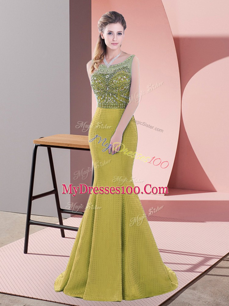 Custom Design Olive Green Sleeveless Satin Sweep Train Backless Dress for Prom for Prom and Party
