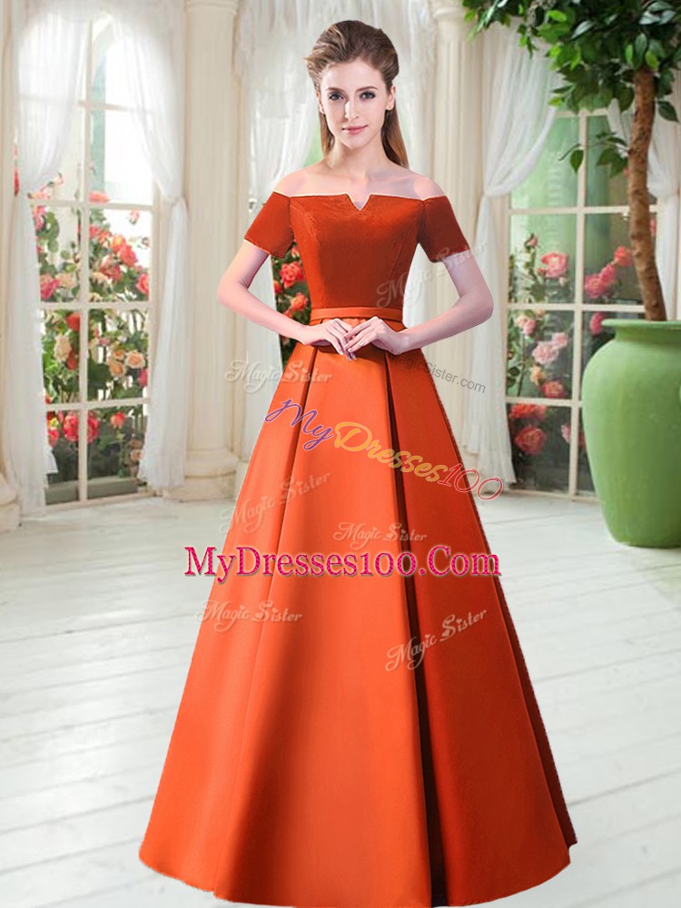 Luxurious Short Sleeves Satin Floor Length Lace Up Prom Party Dress in Orange Red with Belt