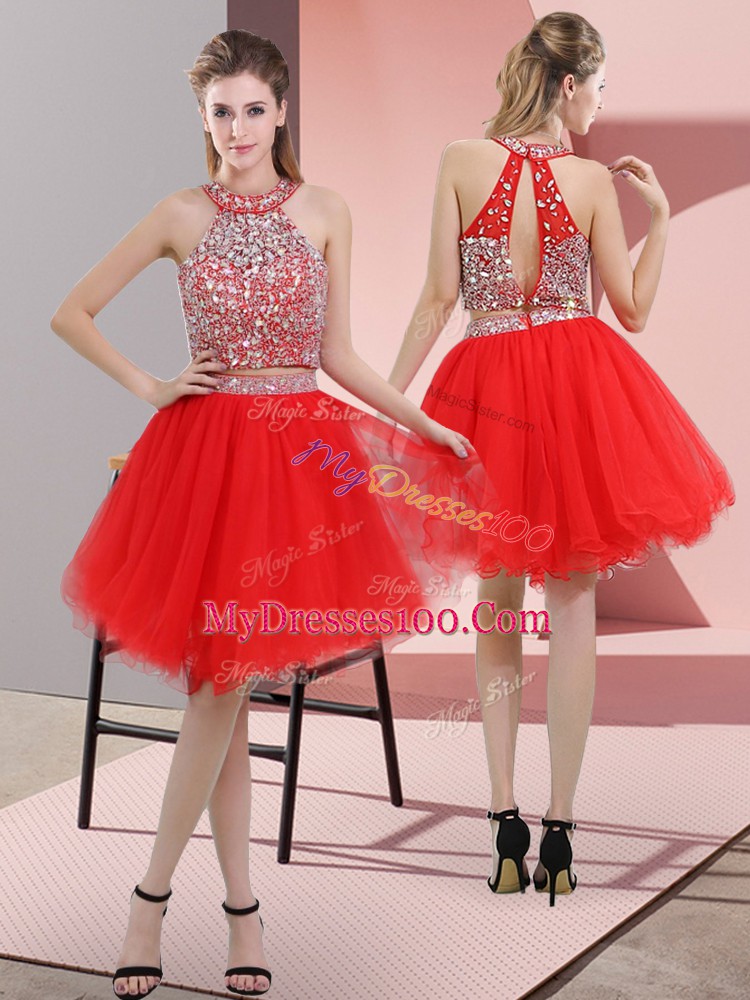 Designer Sleeveless Knee Length Beading Backless with Red