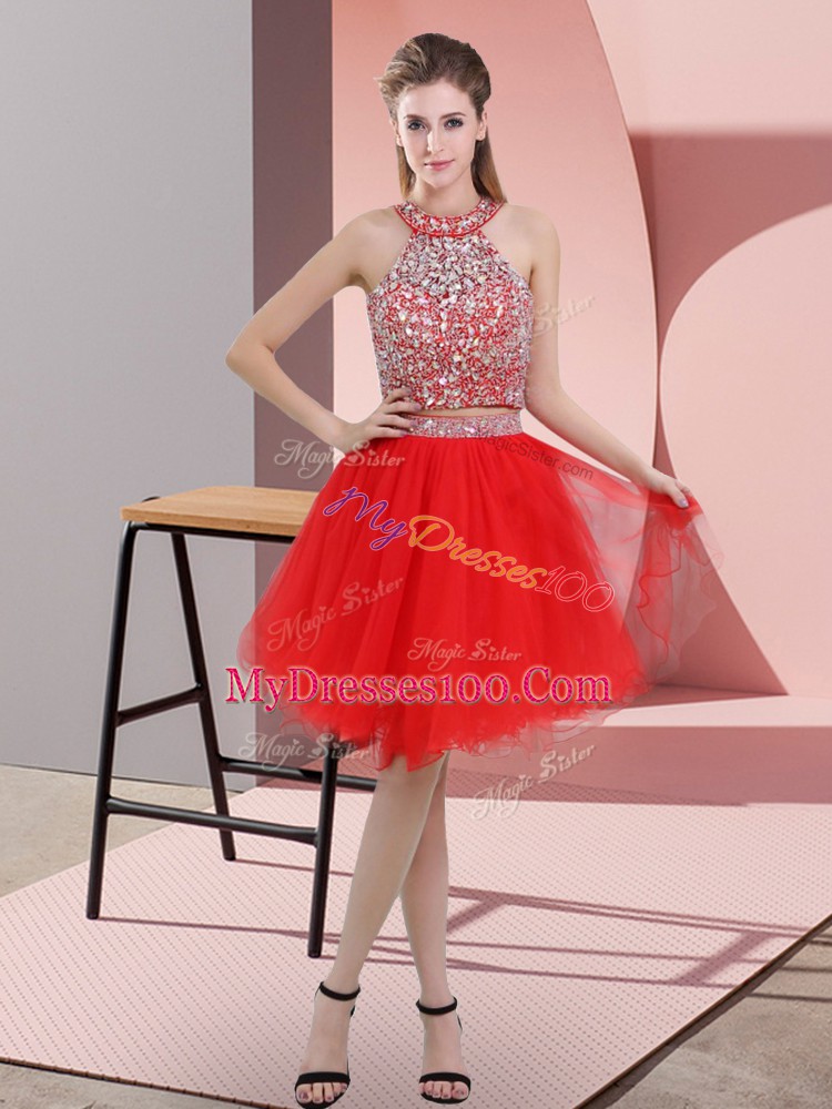Designer Sleeveless Knee Length Beading Backless with Red