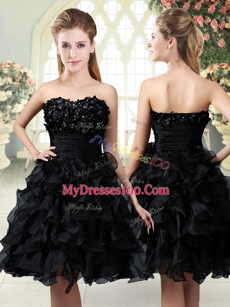 Glamorous Mini Length Black Dress for Prom Organza Sleeveless Beading and Appliques and Ruffles