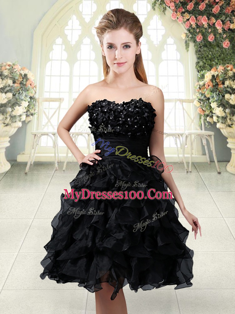 Glamorous Mini Length Black Dress for Prom Organza Sleeveless Beading and Appliques and Ruffles