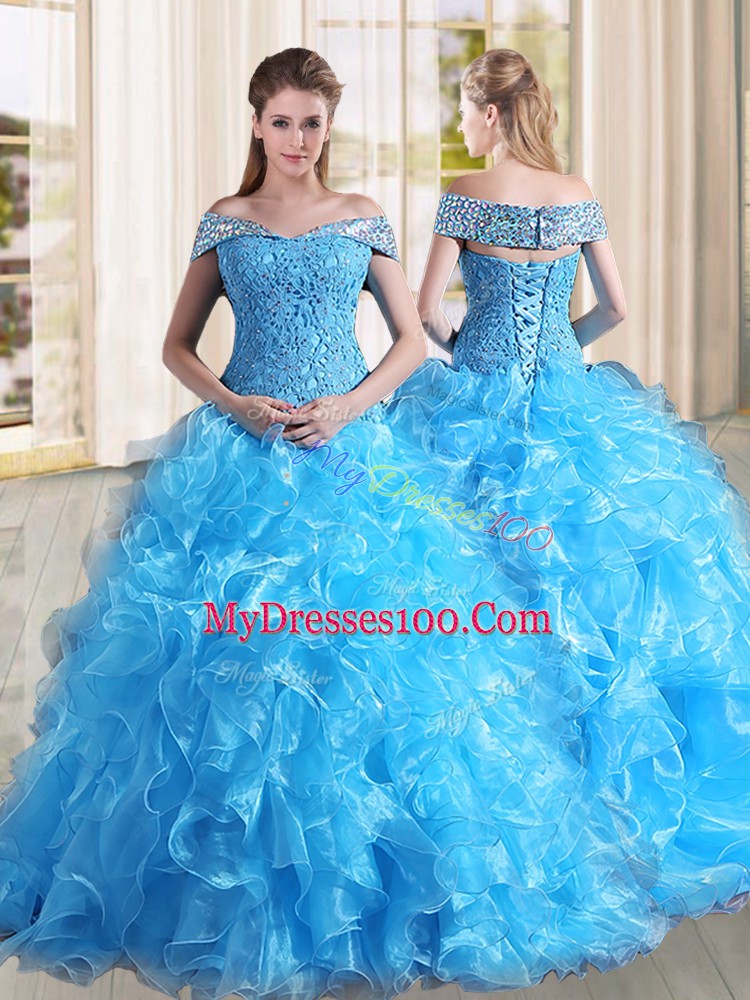 Baby Blue Lace Up Off The Shoulder Beading and Lace and Ruffles 15 Quinceanera Dress Organza Sleeveless Sweep Train