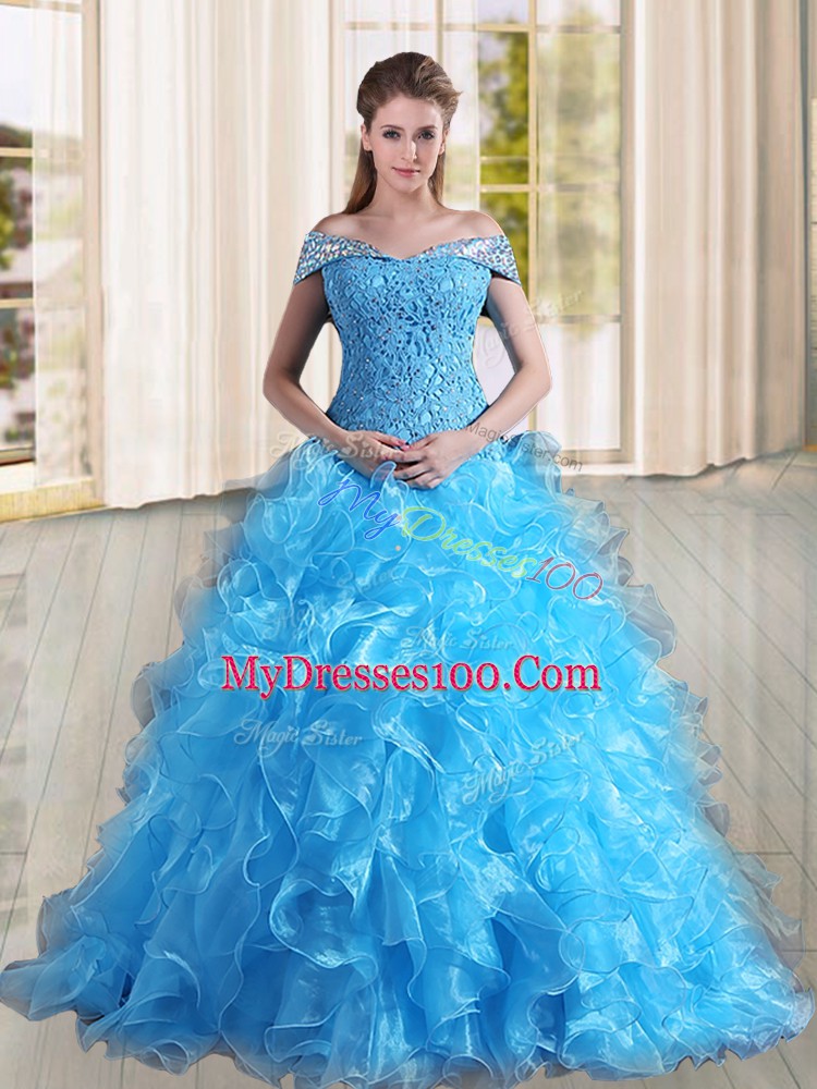 Baby Blue Lace Up Off The Shoulder Beading and Lace and Ruffles 15 Quinceanera Dress Organza Sleeveless Sweep Train