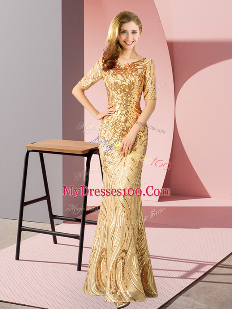 Exquisite Sequins Prom Evening Gown Gold Zipper Half Sleeves Floor Length