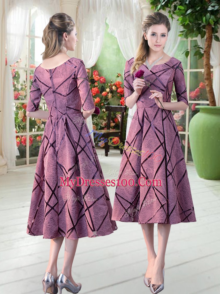 Tea Length A-line Half Sleeves Pink Homecoming Dress Zipper