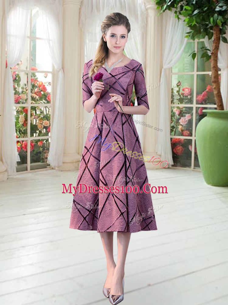 Tea Length A-line Half Sleeves Pink Homecoming Dress Zipper