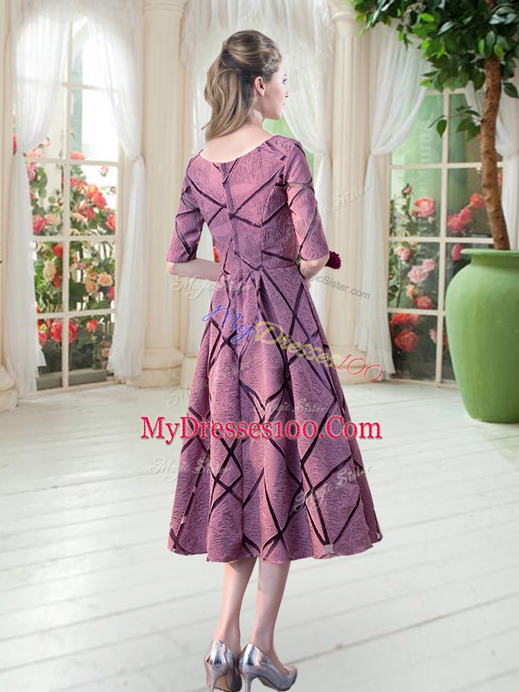 Tea Length A-line Half Sleeves Pink Homecoming Dress Zipper