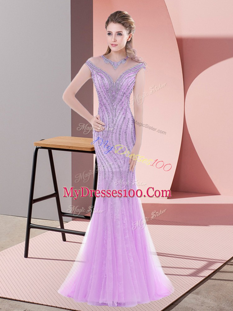 Lilac Prom Gown Prom and Party with Beading and Lace Scoop Cap Sleeves Sweep Train Zipper