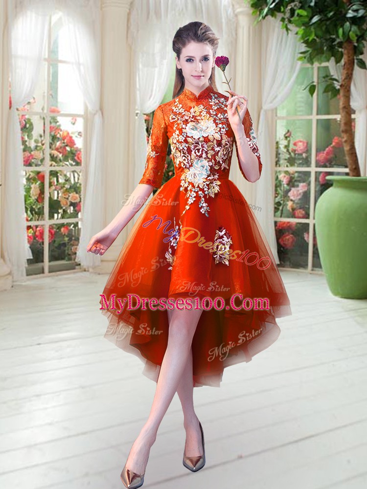 Half Sleeves High Low Appliques Zipper Prom Dress with Orange Red