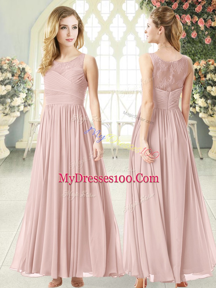 Scoop Sleeveless Zipper Prom Dresses Pink Chiffon