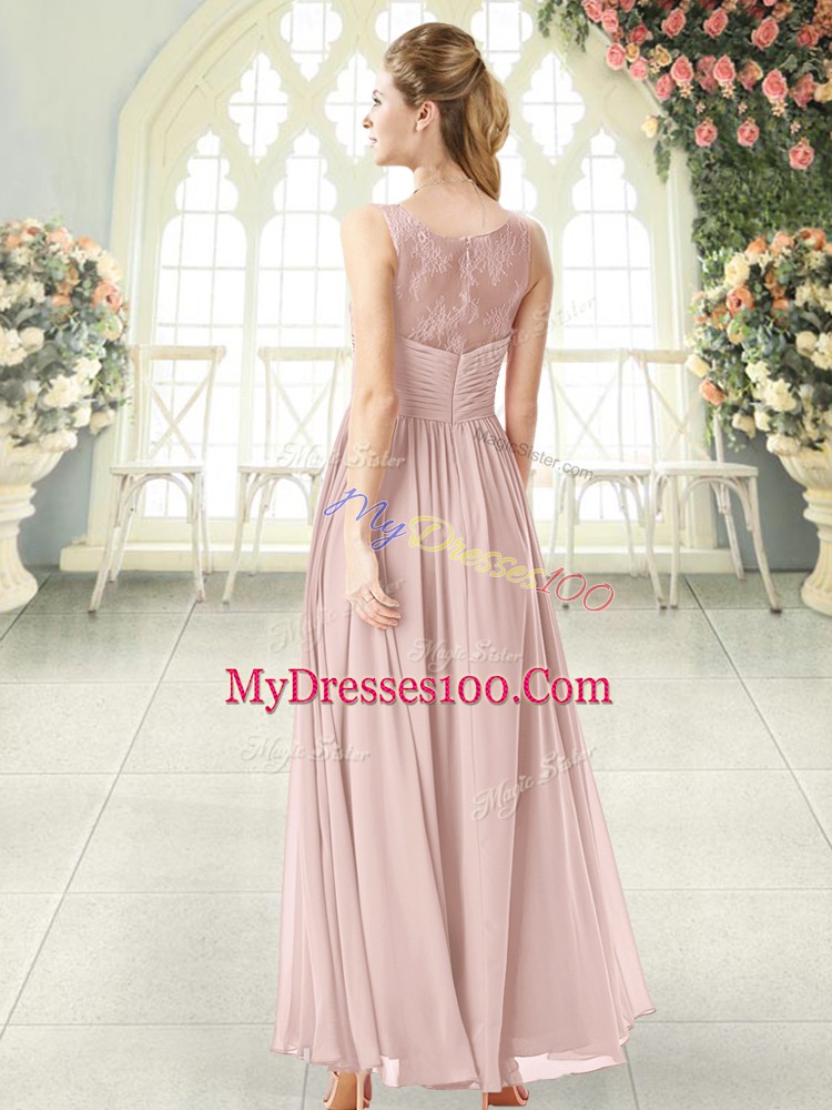 Scoop Sleeveless Zipper Prom Dresses Pink Chiffon