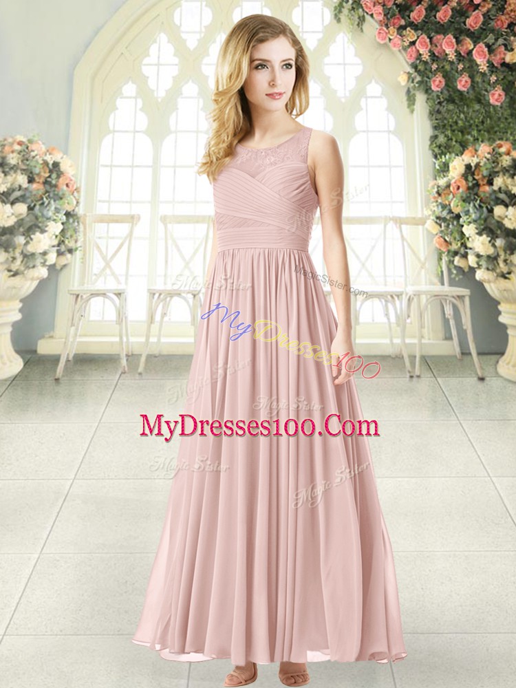 Scoop Sleeveless Zipper Prom Dresses Pink Chiffon