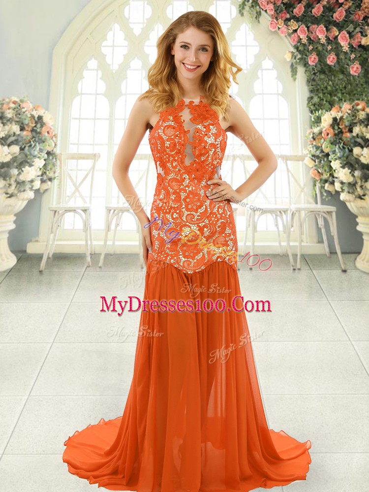 Eye-catching Scoop Sleeveless Chiffon Prom Party Dress Lace Brush Train Backless