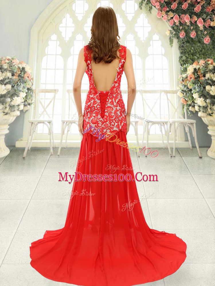 Eye-catching Scoop Sleeveless Chiffon Prom Party Dress Lace Brush Train Backless