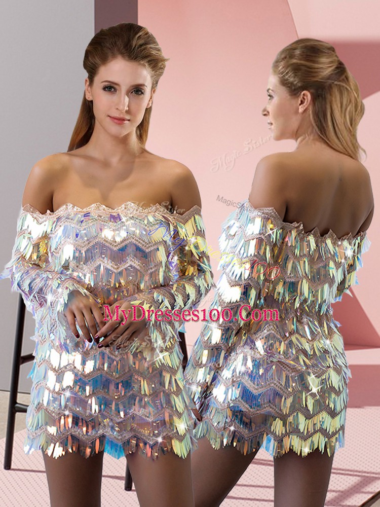 Fantastic Silver Long Sleeves Sequined Evening Party Dresses for Prom and Party
