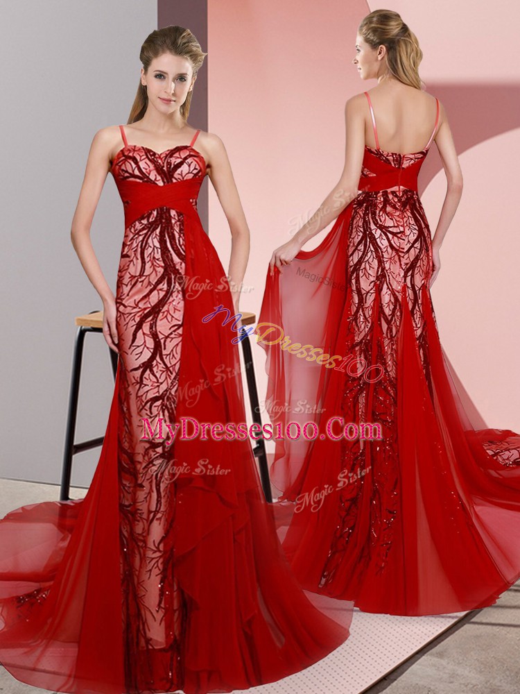 Sweet Lace Up Prom Dresses Red for Prom and Party with Beading and Lace Sweep Train