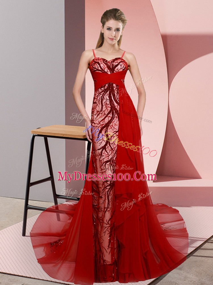 Sweet Lace Up Prom Dresses Red for Prom and Party with Beading and Lace Sweep Train