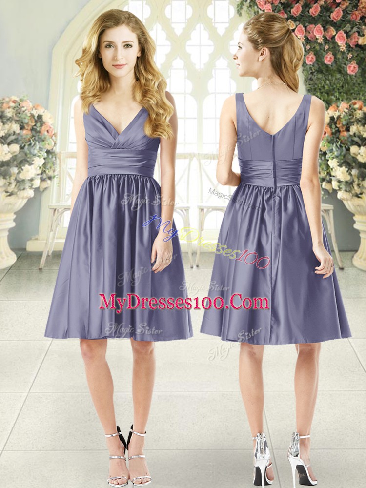 Flare Blue Zipper V-neck Ruching Evening Outfits Taffeta Sleeveless