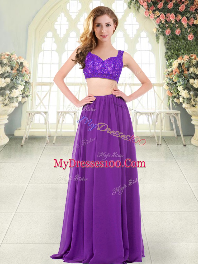 Chiffon Straps Sleeveless Zipper Beading and Lace Dress for Prom in Purple