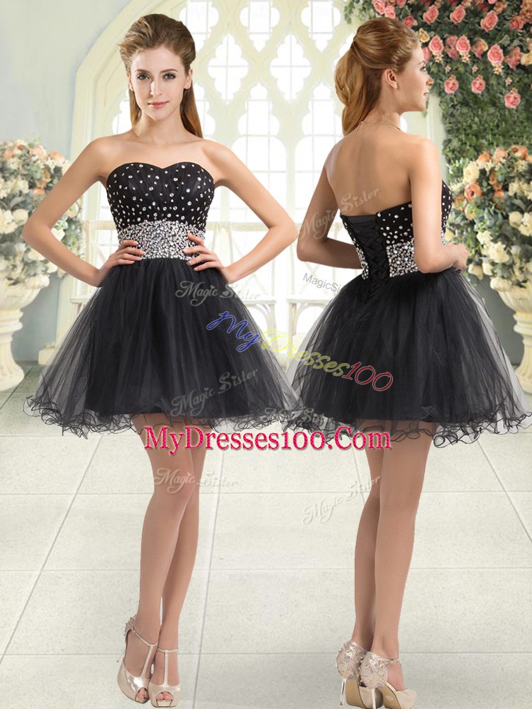 Designer Black A-line Tulle Sweetheart Sleeveless Beading Mini Length Lace Up Evening Outfits