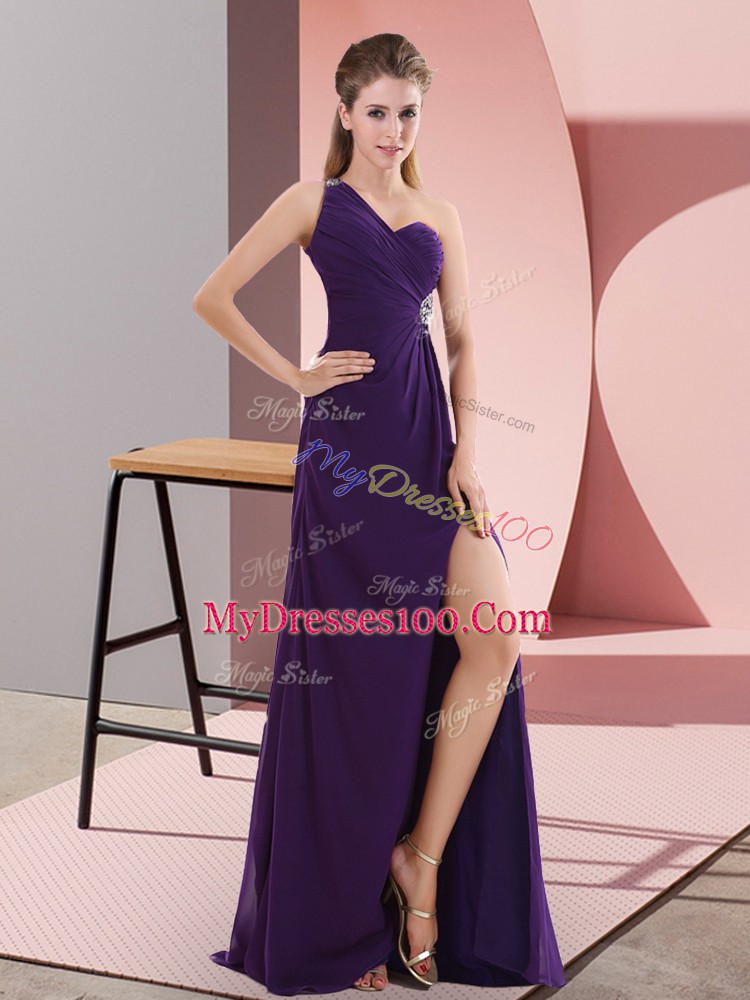 Flirting One Shoulder Sleeveless Prom Gown Sweep Train Beading and Ruching Purple Chiffon