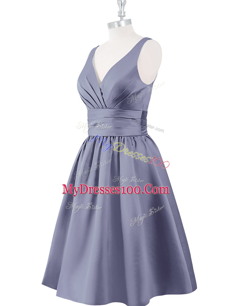 Grey Satin Zipper V-neck Sleeveless Knee Length Prom Dresses Ruching