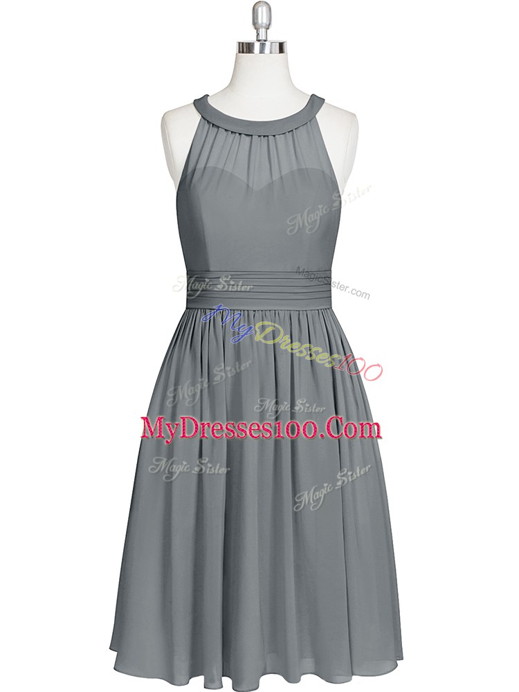 Charming Grey Prom Gown Prom and Party and Military Ball with Ruching Halter Top Sleeveless Zipper