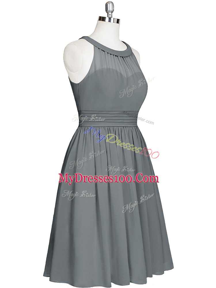 Charming Grey Prom Gown Prom and Party and Military Ball with Ruching Halter Top Sleeveless Zipper