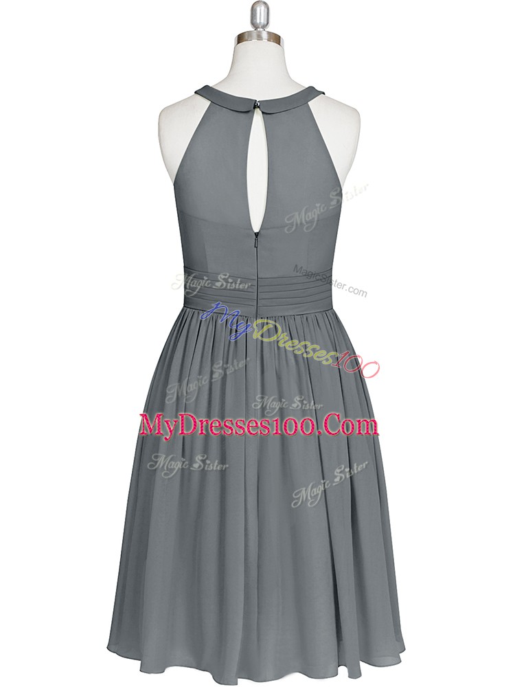 Charming Grey Prom Gown Prom and Party and Military Ball with Ruching Halter Top Sleeveless Zipper