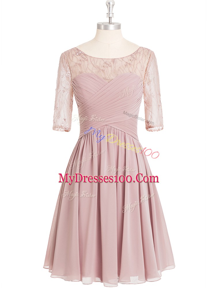 Ideal Pink A-line Scoop Half Sleeves Chiffon Knee Length Zipper Lace and Ruching Homecoming Dress