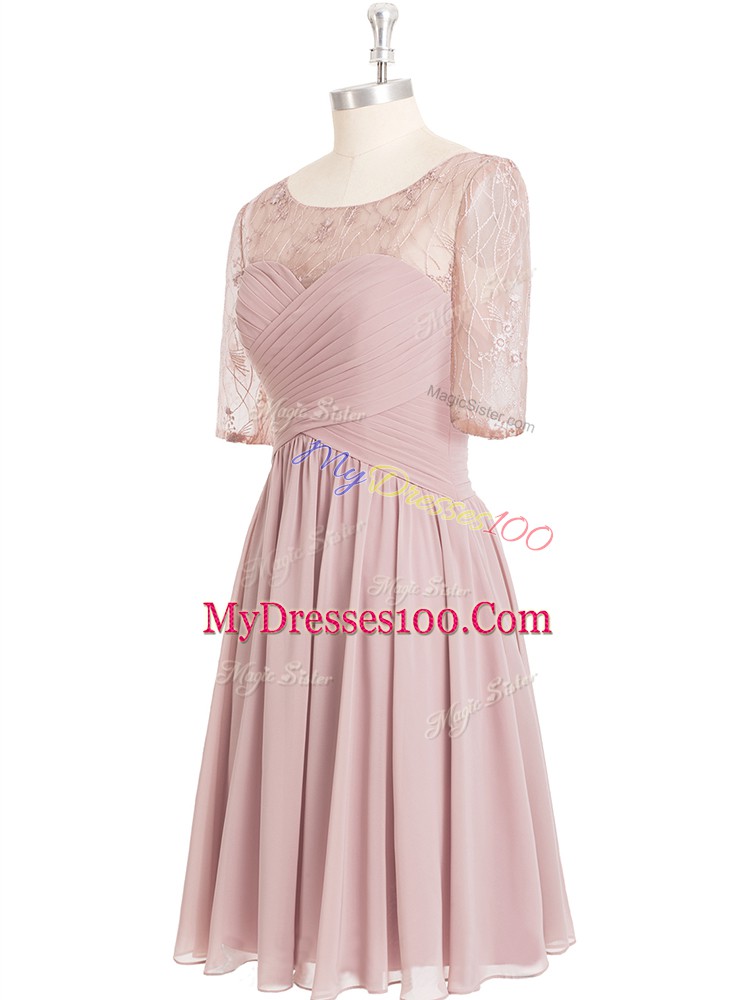 Ideal Pink A-line Scoop Half Sleeves Chiffon Knee Length Zipper Lace and Ruching Homecoming Dress