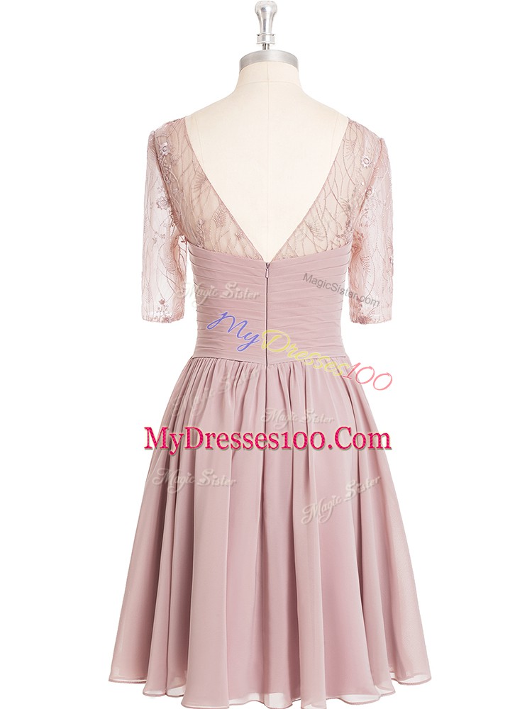 Ideal Pink A-line Scoop Half Sleeves Chiffon Knee Length Zipper Lace and Ruching Homecoming Dress