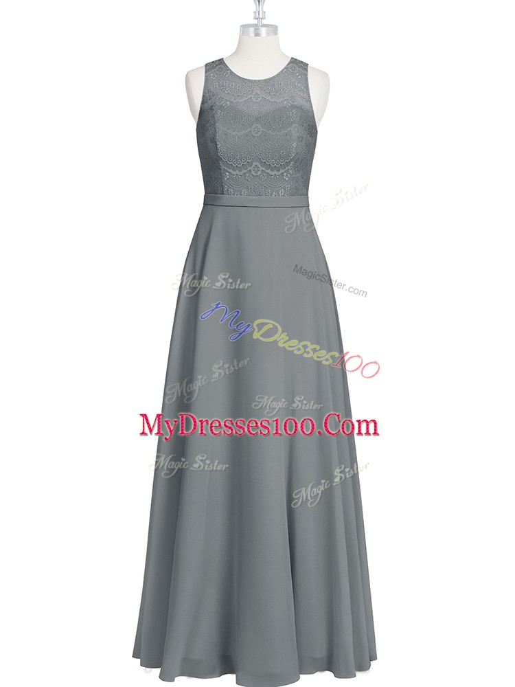 Floor Length Zipper Prom Gown Grey for Prom and Party and Military Ball with Lace and Appliques and Belt