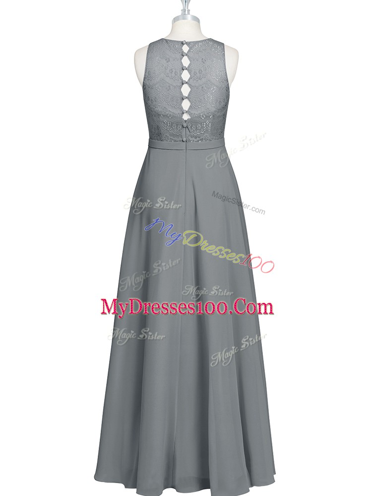 Floor Length Zipper Prom Gown Grey for Prom and Party and Military Ball with Lace and Appliques and Belt