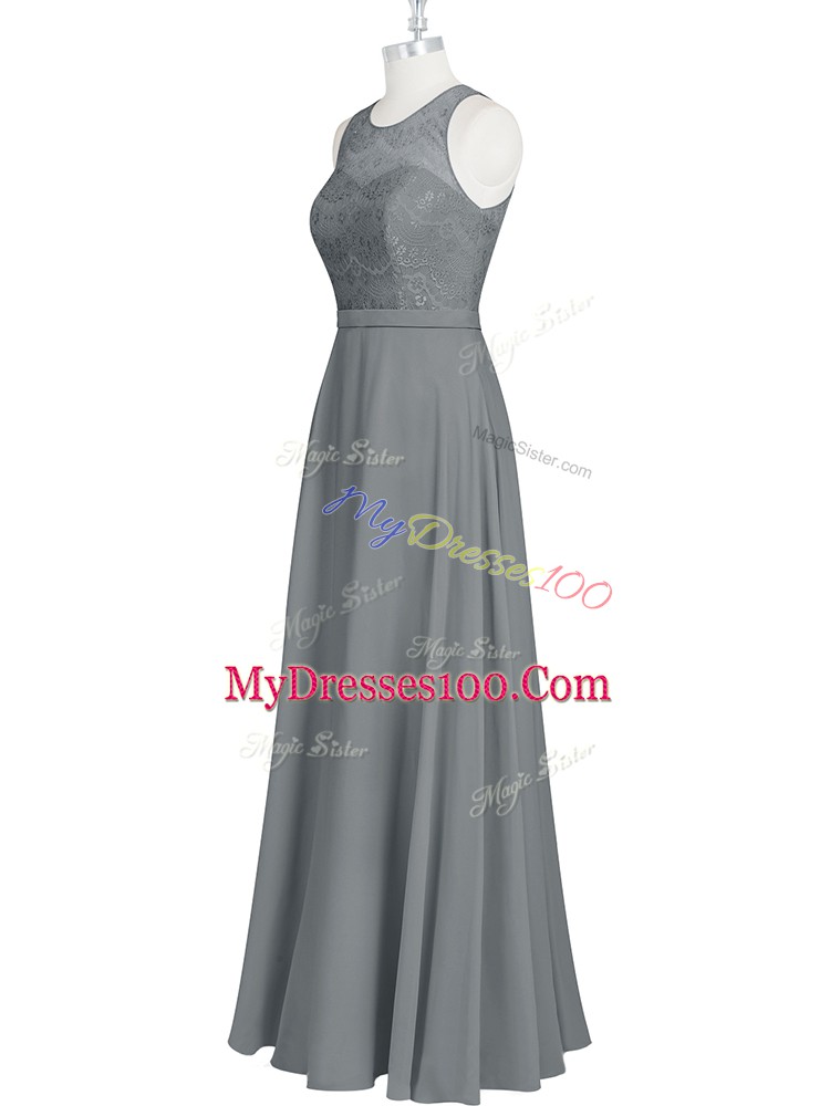 Floor Length Zipper Prom Gown Grey for Prom and Party and Military Ball with Lace and Appliques and Belt