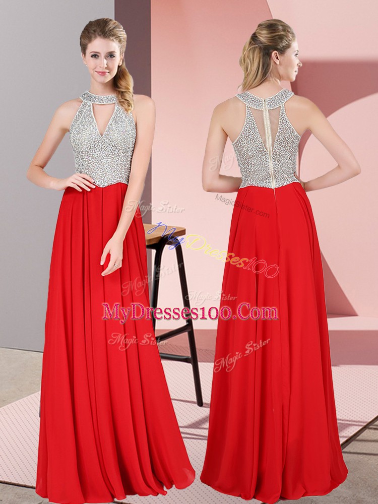 Smart Red Empire Scoop Sleeveless Satin Floor Length Zipper Beading and Lace Prom Dresses