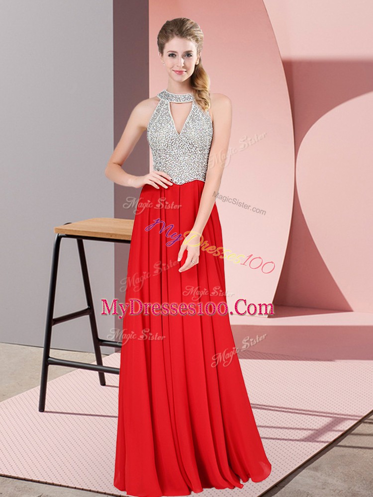 Smart Red Empire Scoop Sleeveless Satin Floor Length Zipper Beading and Lace Prom Dresses