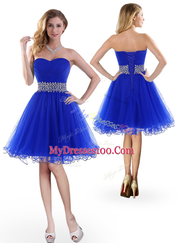 Sleeveless Tulle Knee Length Lace Up Prom Evening Gown in Royal Blue with Beading