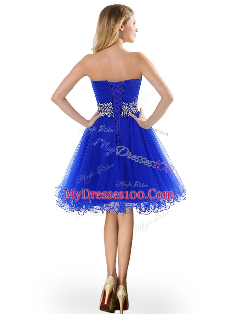 Sleeveless Tulle Knee Length Lace Up Prom Evening Gown in Royal Blue with Beading