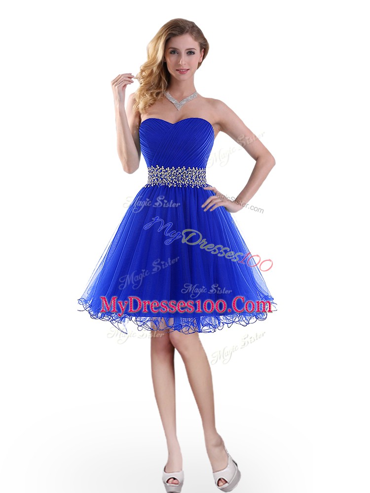 Sleeveless Tulle Knee Length Lace Up Prom Evening Gown in Royal Blue with Beading
