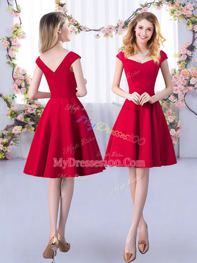 Red Zipper Bridesmaid Dresses Ruching Cap Sleeves Knee Length