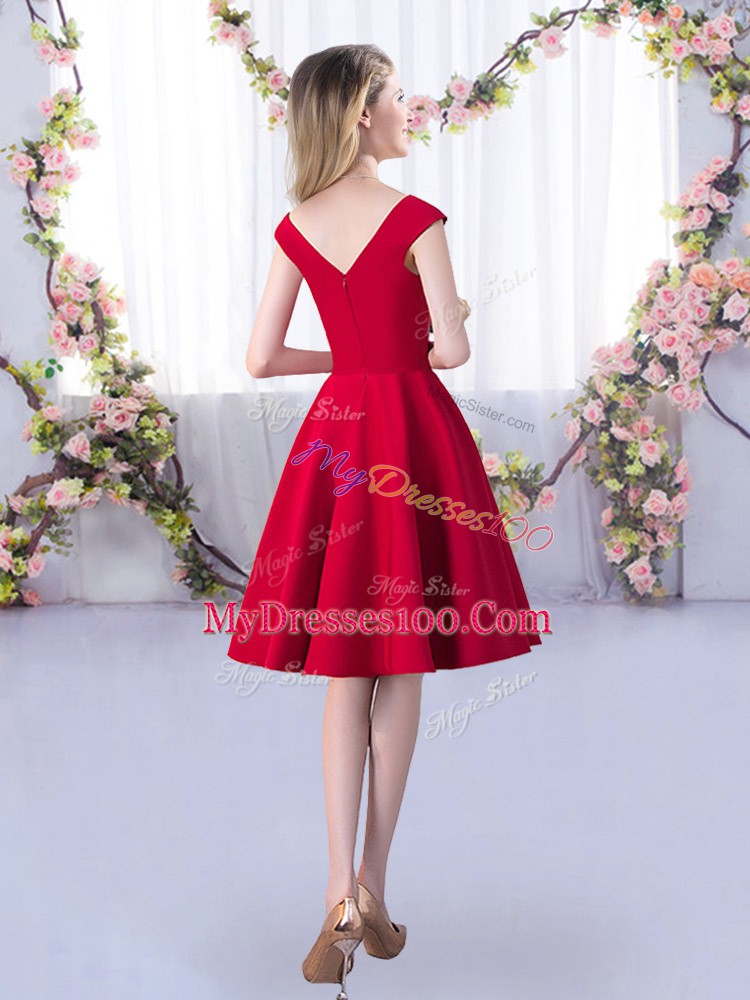 Red Zipper Bridesmaid Dresses Ruching Cap Sleeves Knee Length