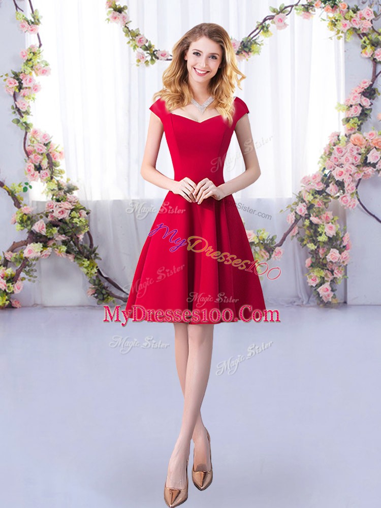Red Zipper Bridesmaid Dresses Ruching Cap Sleeves Knee Length
