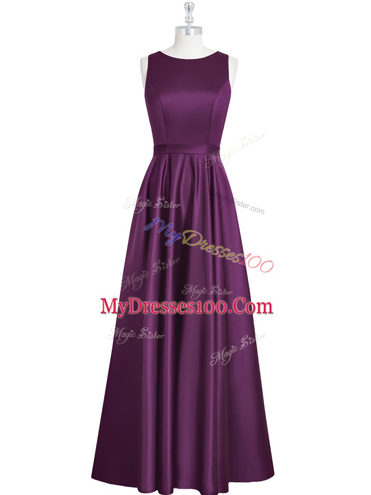 Sweet Sleeveless Floor Length Ruching and Pleated Backless Dress for Prom with Eggplant Purple