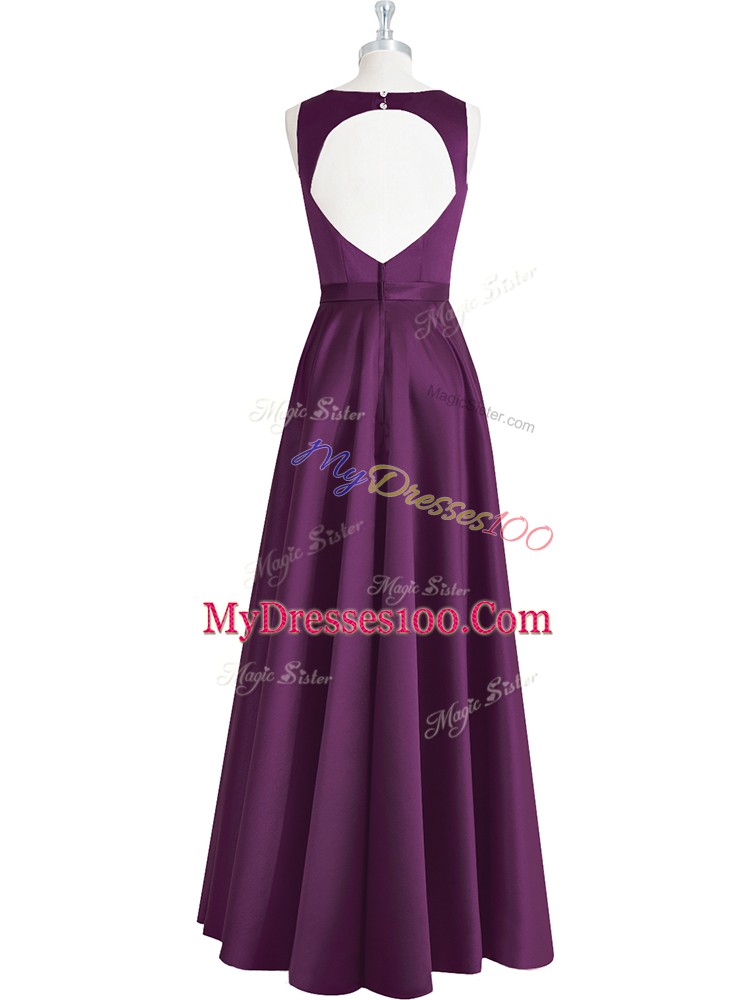 Sweet Sleeveless Floor Length Ruching and Pleated Backless Dress for Prom with Eggplant Purple