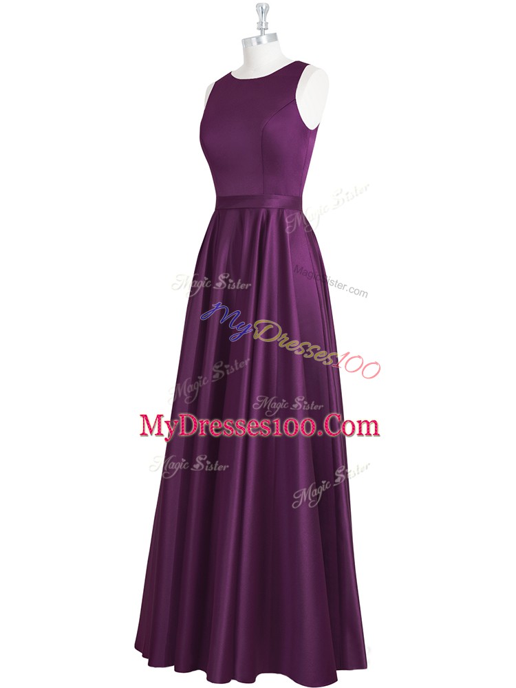 Sweet Sleeveless Floor Length Ruching and Pleated Backless Dress for Prom with Eggplant Purple