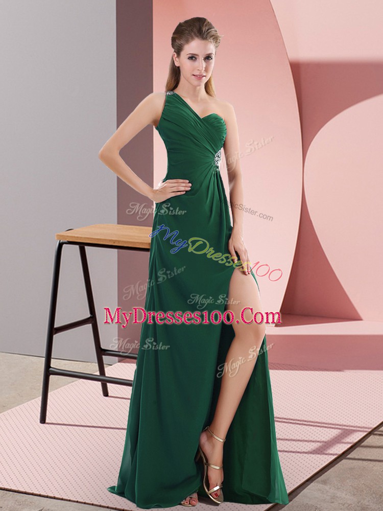 Backless Prom Evening Gown Green for Prom with Beading Sweep Train