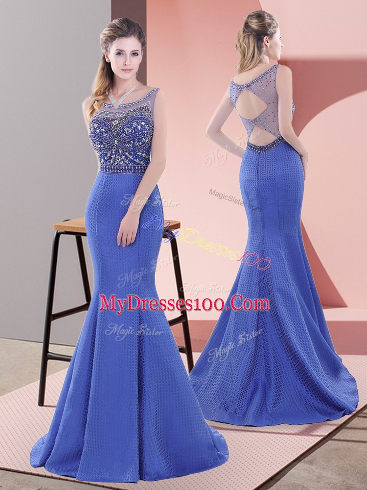 Sleeveless Beading and Lace Lace Up Prom Dress with Blue Sweep Train